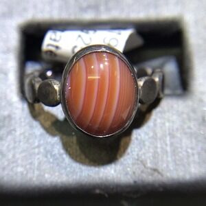 Orange Stripe Agate (Natural) Ring Round Sz7.25 Bezel Set Silver 925 Design Band